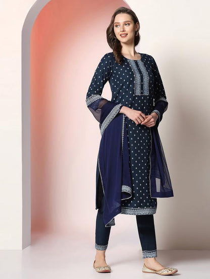 Sanisa Women's Pigment Printed Chinnon Straight Kurta Set with Dupatta