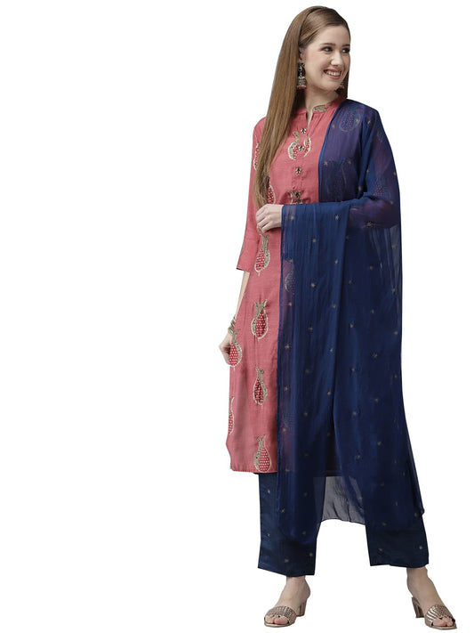 ishin Women's Art Silk Embroidered Beads and Stones Rose Floral Print A-Line Kurta suit set With Dupatta & Palazzo