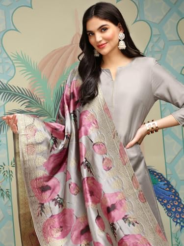 Ishin Grey Regular Silk Crepe A Line Kurta With Trousers & With Dupatta | Kurta Set For Women | Kurta With Trousers And Dupatta