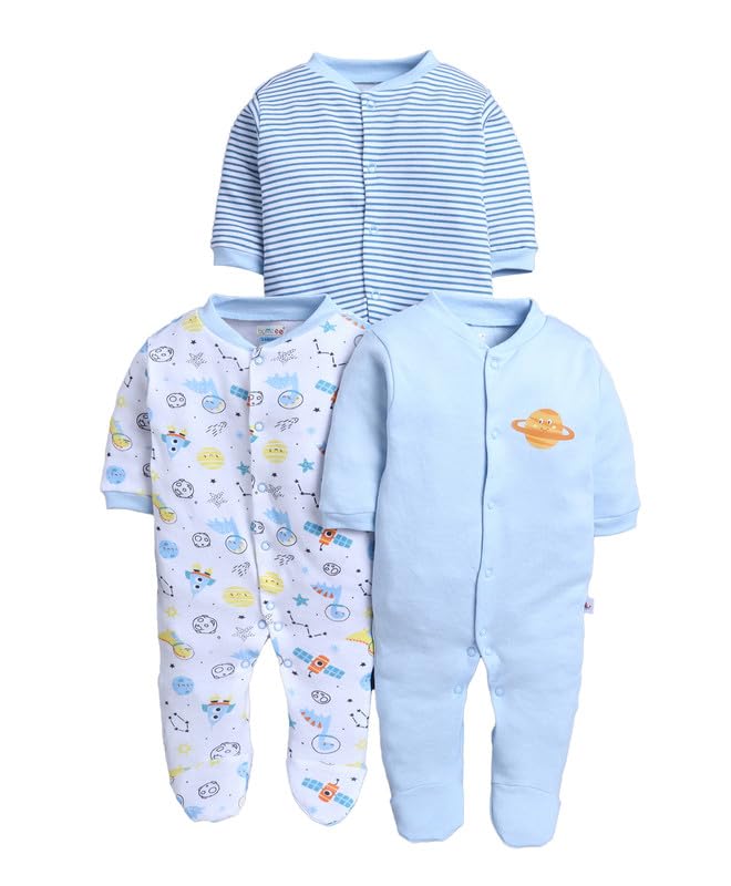 BUMZEE Baby Boys Cotton Full Sleeves Pack of 3 Sleepsuit Sky Blue & White - New Born (Peb11016A-sbl)
