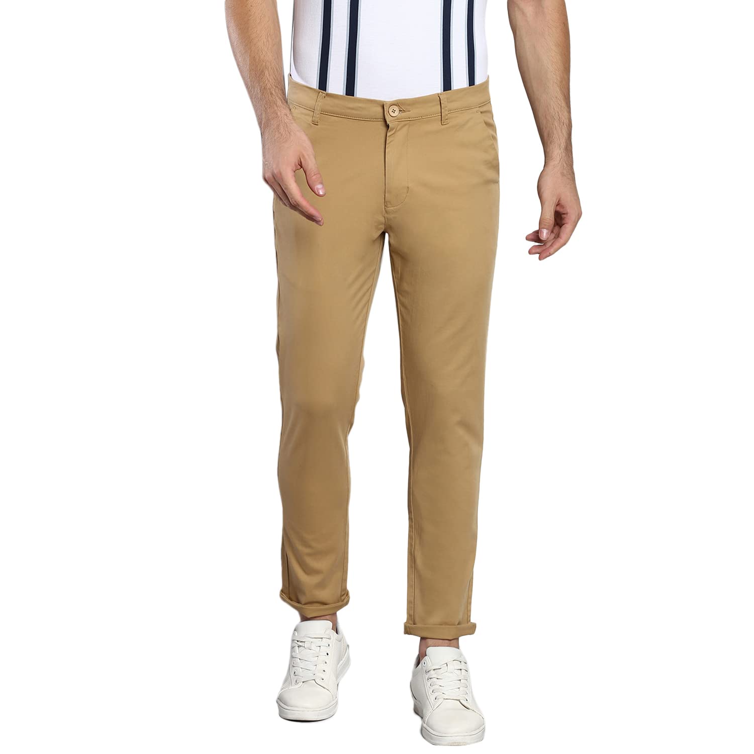 Dennis Lingo Solid Cotton Mens Casual Trouser, Tapered Fit, Mid Rise, Stretchable Ankle Length Chino Trousers Dark Khaki