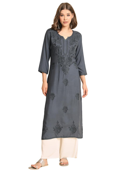 VAIRAGEE Womens Rayon Straight Cut Round Neck Kurta with Beautiful Lucknowi Chickenkari Work (1593) Grey