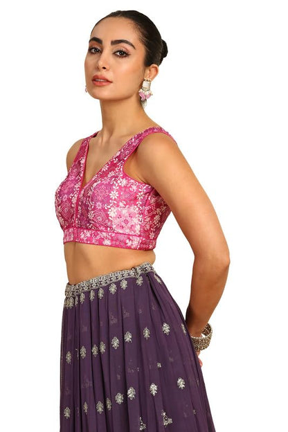 Soch Womens Magenta Floral Printed Silk Blend Padded Blouse With Sequins