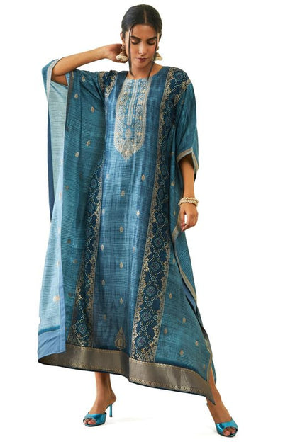 Soch Womens Blue Brocade Bandhani Print Ankle-Length Kaftan with Inner Slip