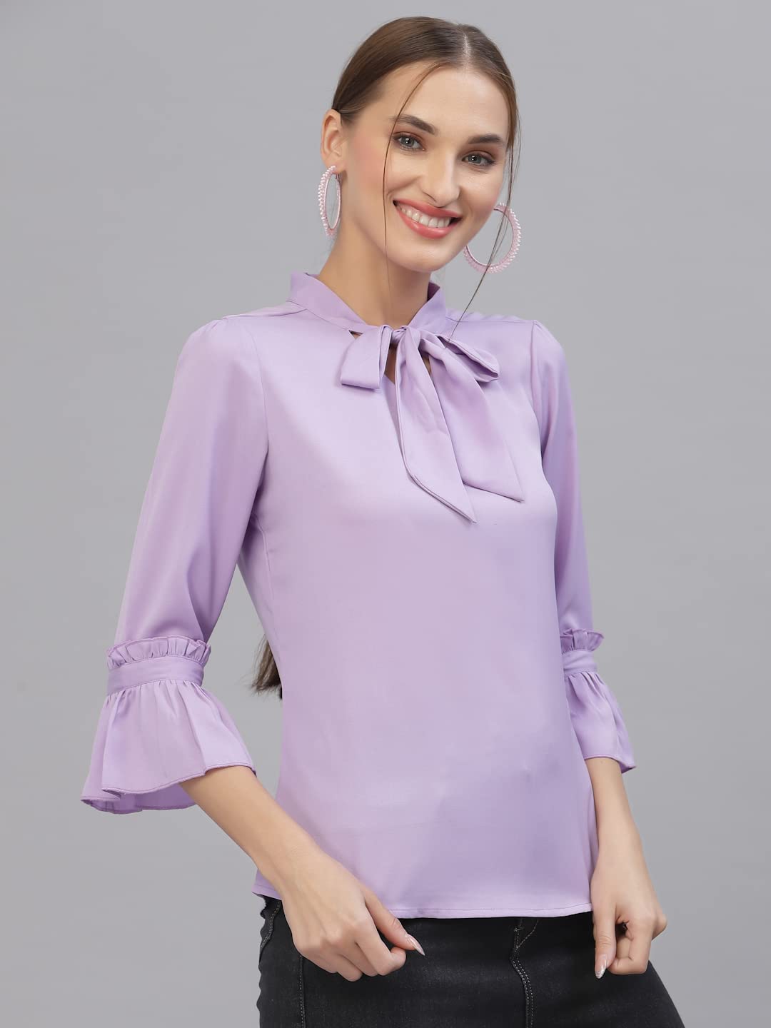 Style Quotient Women Solid Lilac Polymoss Regular Smart Casual Top