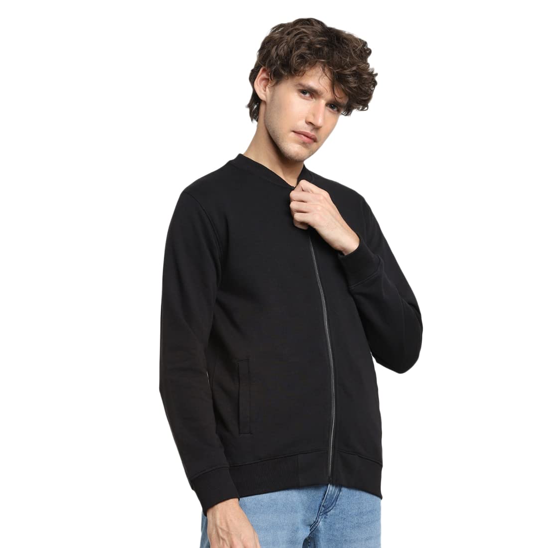 Bewakoof Mens Solid Regular Fit Full Sleeve Round Neck Unbrushed Fleece Sweatshirt Black