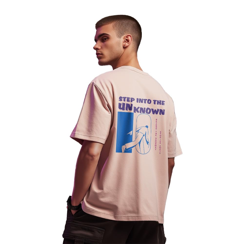 Nobero MenS Graphic Print Oversized Fit T-Shirt (1M-Twrt-C1018-Bl_Step Into The Unknown-Blush
