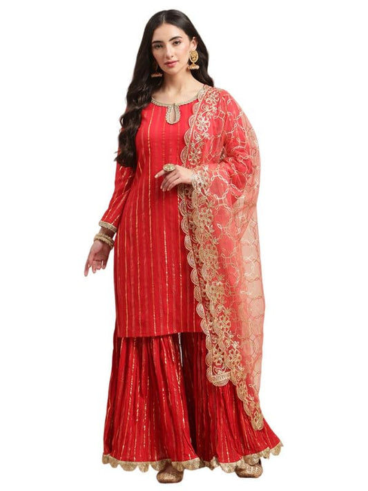 Varanga Women Red Gold Lurex Striped Straight Kurta Sharara Set with Net Gota Embellished Dupatta.