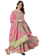 ishin Women's Pure Cotton Green Embroidered Anarkali Kurta suit set With Dupatta & Sharara