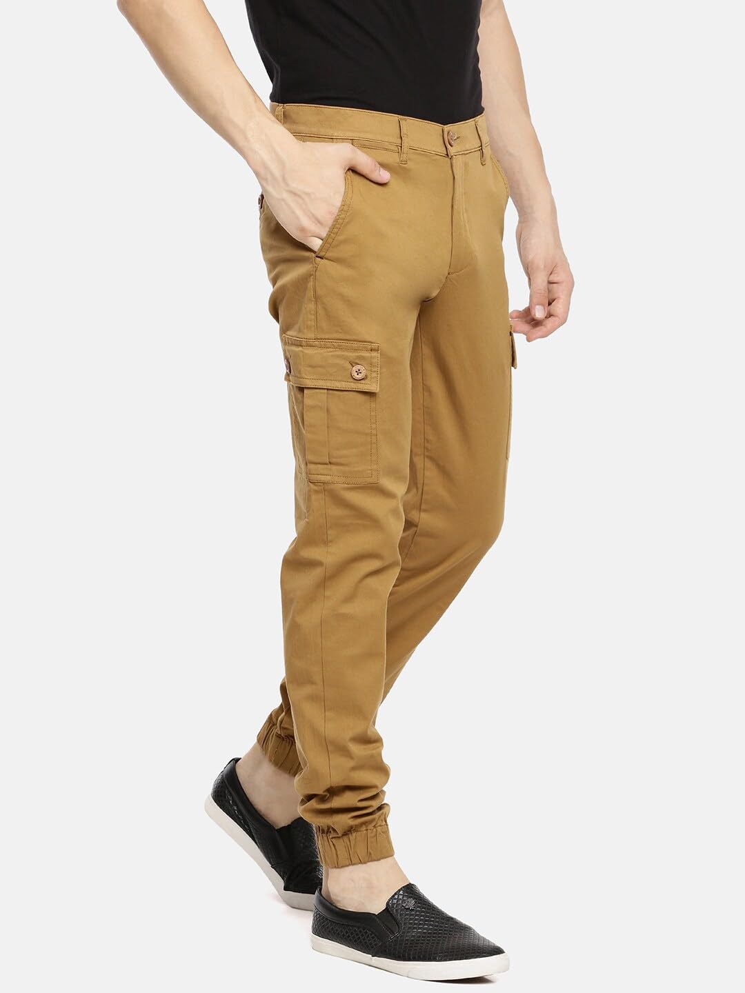 The Indian Garage Co Men Slim Fit Solid Mid-Rise Cuffed Cargos Khaki