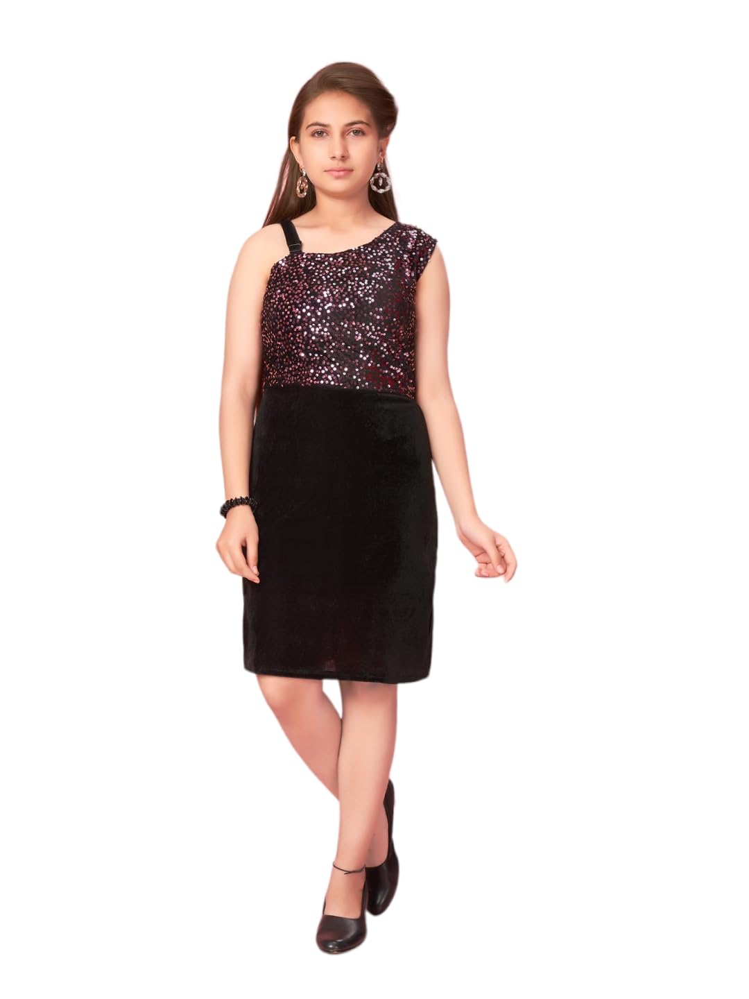 Aarika Girl's Velvet Skater Above The Knee Dress (New_MD-A-23048- Black-Pink