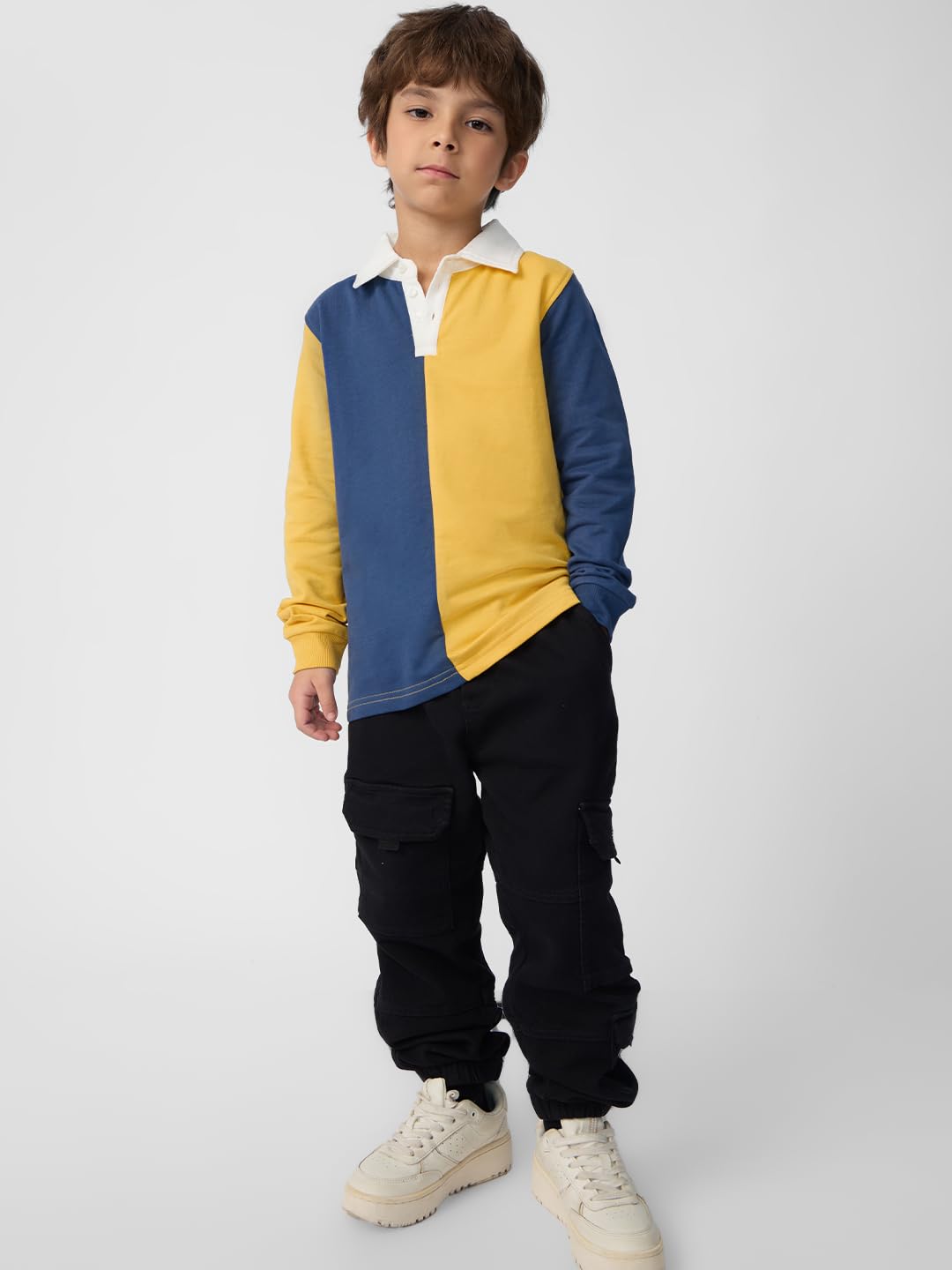 The Souled Store Solids : Blue,Mustard(Colourblock) Boys Long Sleeves Round Neck Color Blocked Relaxed Fit Cotton Sweatshirts