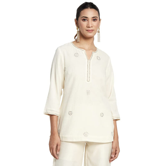 Fabindia Women Cotton Embroidered Short Kurta Natural