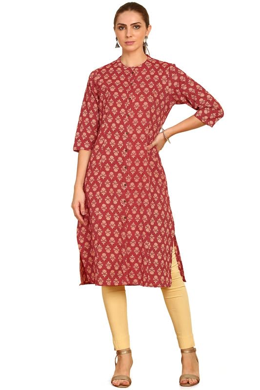 Soch Womens Red Floral Printed Cotton Kurta with Mandarin Collar