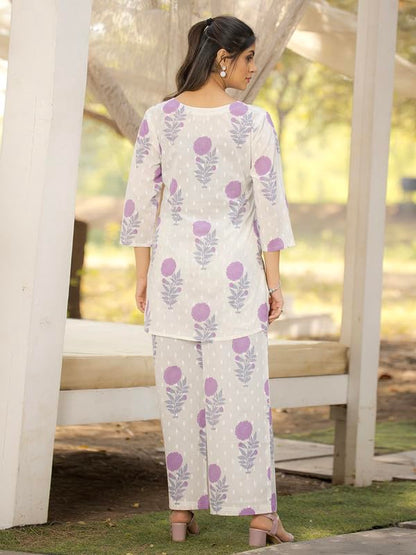Pinkmint Womens Pure Cotton Co Ord Set l Flower Printed Co Ord Set l Stylish Pocket & 3/4 Sleeve Women Co-ord Set White