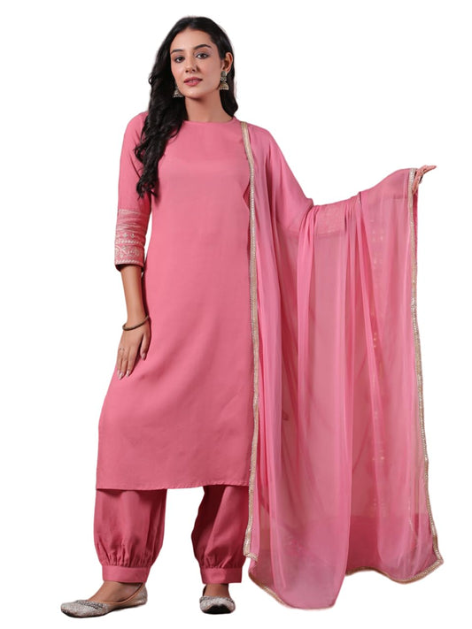 anubhutee Women's Coral Solid Cotton Blend Straight Kurta with Salwar & Dupatta