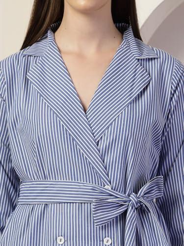 Style Quotient Women Blue And White Stripe Polycotton Double Breasted Polycotton Blazer Dress