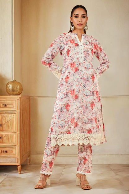 Soch Womens Red Kota Floral Printed Kurta Set with Lace Attached