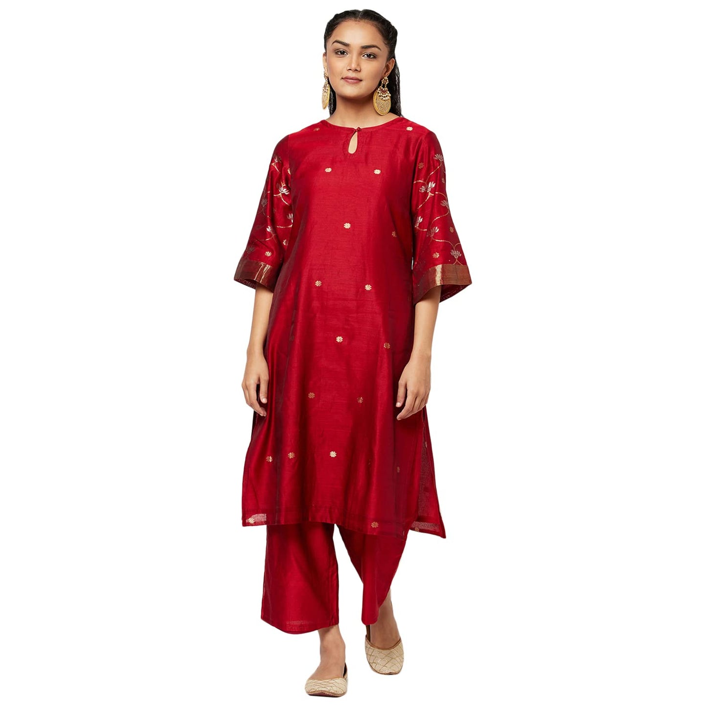 Fabindia Cotton Silk Chanderi Zari Buti Kurta Set (Maroon-M-10702674)