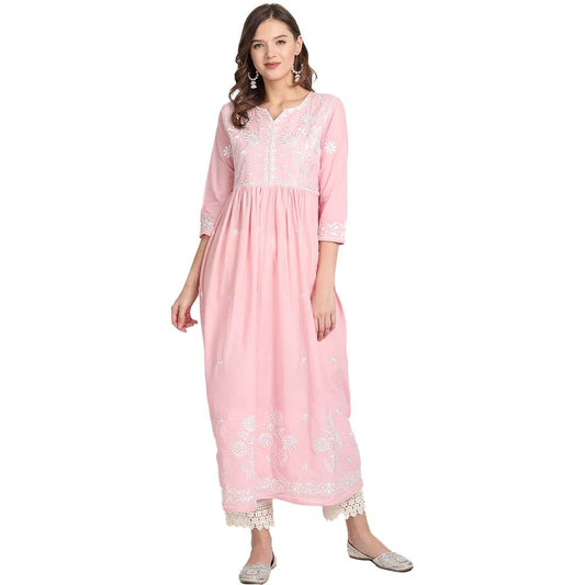 anubhutee Women Pink Floral Yoke Design Pleated Pure Cotton A-Line Kurta Suit Set with Pants