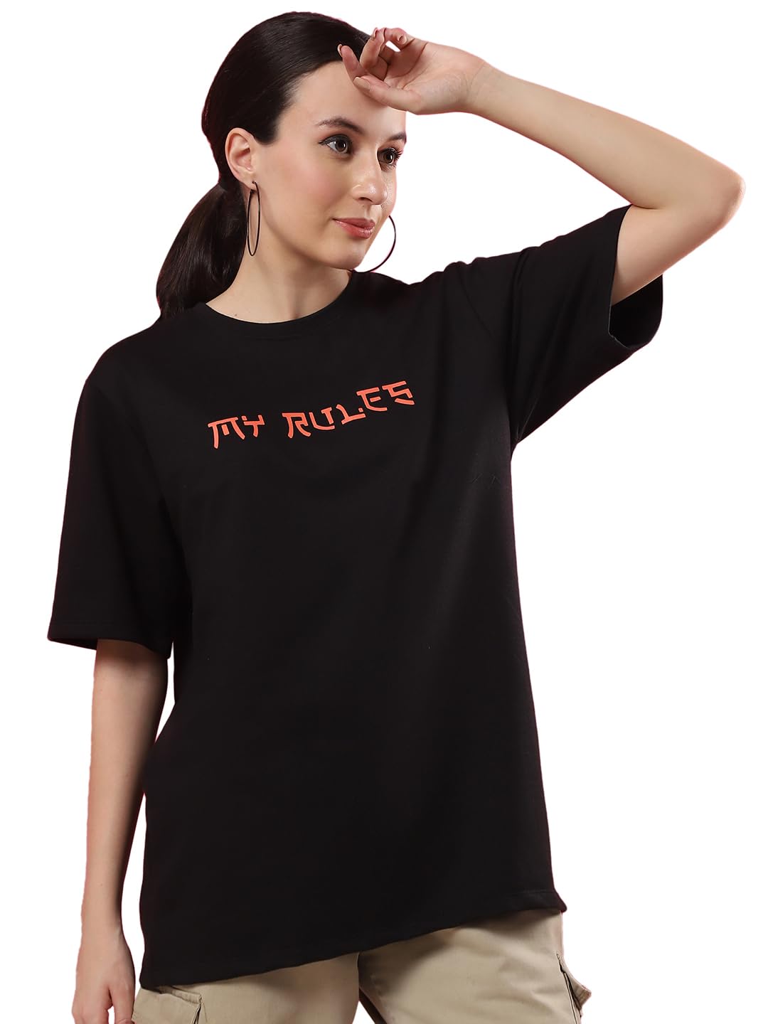 Rigo Terry Printed Oversized T-Shirt for Women | Drop Shoulder, Half Sleeves T-Shirt for Women | Oversized Baggy Fit T-Shirt for