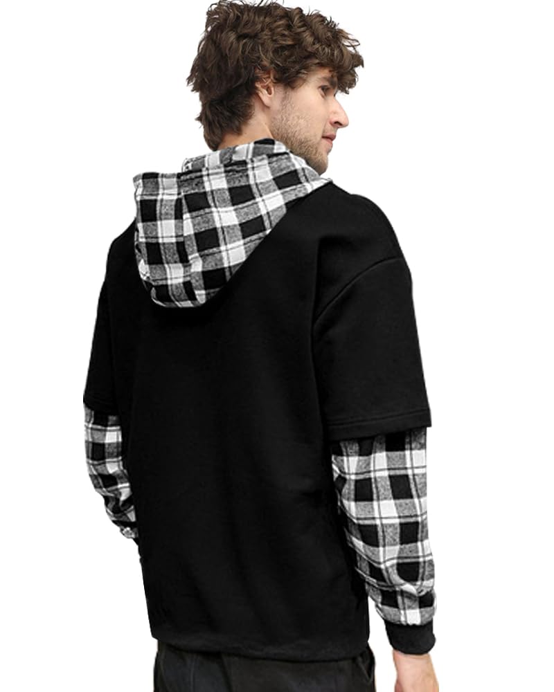 Eyebogler Mens Regular Fit Hooded Neck Full Sleeve Tshirt Black White