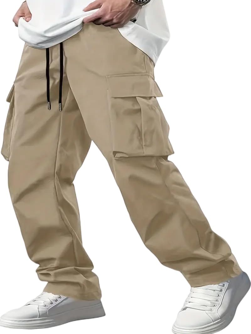 Indoprimo MenS Cotton Trousers Cargo Style With Drawstring Both Side Pockets Solid Pattern Regular Fit And Long Length Cream