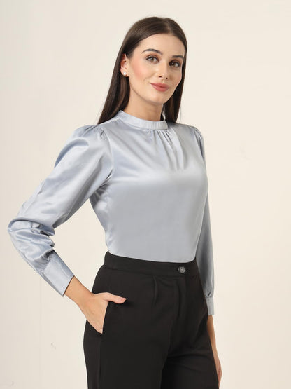 Style Quotient Women Solid Powder Blue Satin Regular Party Top