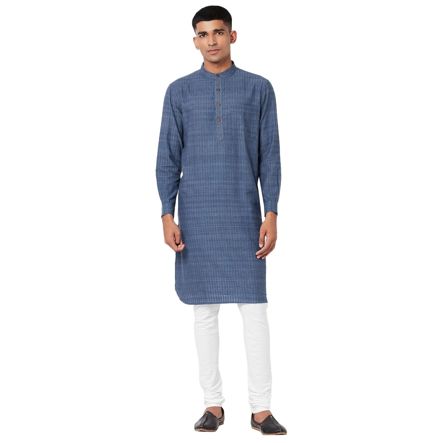 Fabindia Men Striped Long Kurta With Cuff Cotton_Xs Dark Blue