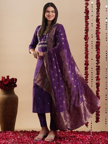 ANNI DESIGNER Women's Straight Embroidered Rayon Blend Kurta with Pants & Dupatta, Large, Begani, Model: MANUSHI BEGANI-VKS03