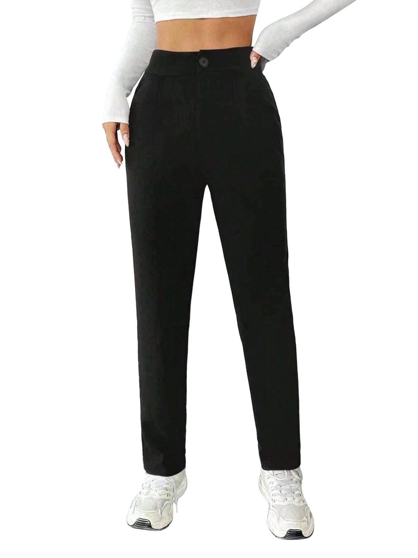 Toochki Womens High Waist Straight Fit Trousers | Black Solid Korean Stretchable Pants for Women | Regular Fit Elastic Waist Ful