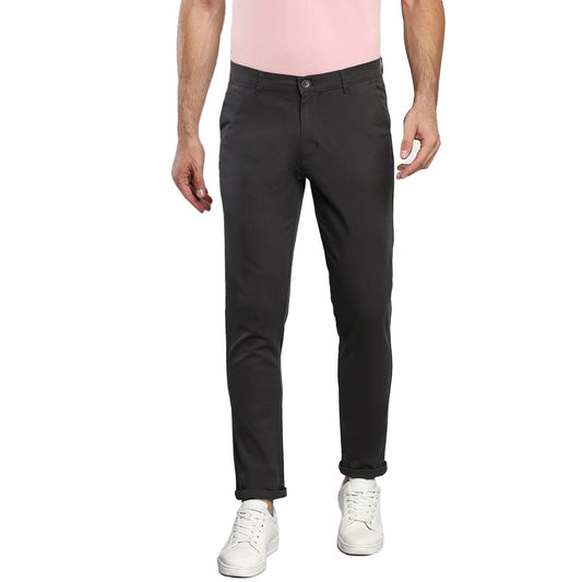 Dennis Lingo Solid Cotton Mens Casual Trouser, Tapered Fit, Mid Rise, Stretchable Ankle Length Chino Trousers Charcoal Grey