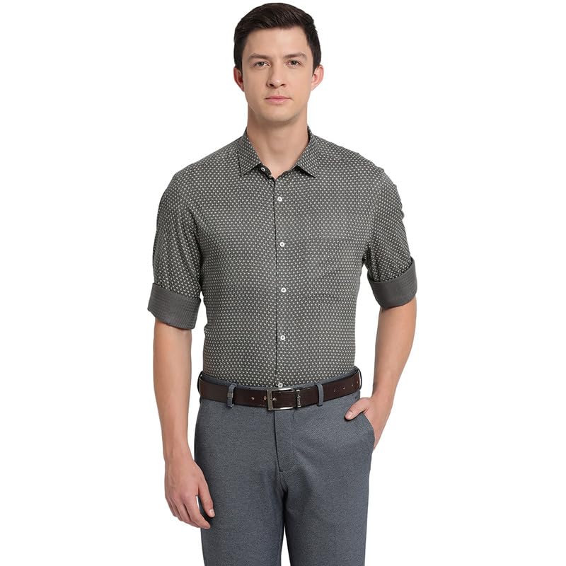 Turtle Men Cotton Tencel Slim Fit Olive Print Full Sleeve Formal Shirt