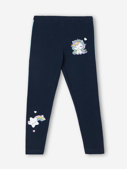 The Souled Store Rainbow Girls Navy Blue All Over Printed Regular Fit Cotton Leggings (2-8 Yrs)