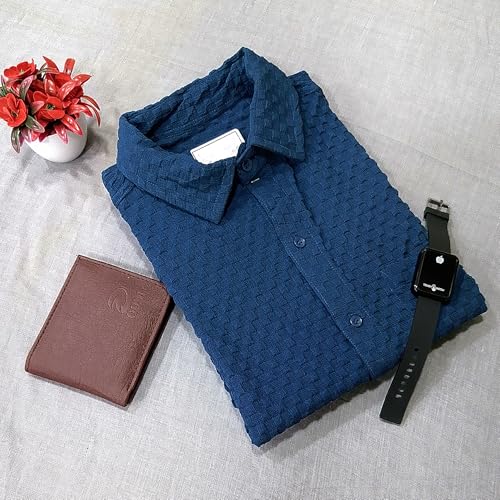Pinkmint Textured Shirts for Men l Chest Pocket Short Sleeve Navy Blue Shirt l Regular Fit Summer Outdoor Activities (Pack of 1)