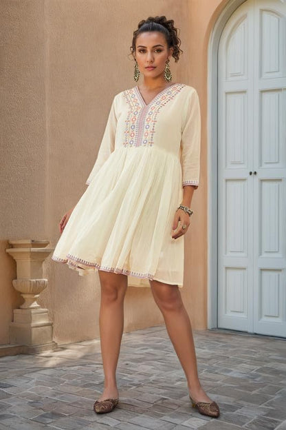 Soch Womens White & Purple Cotton Floral Embroidered Dress With Faux Mirror