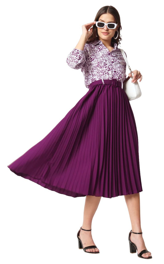 Kzully WomenS Print 3/4 Sleeve Pleated Midi Dress With Belt Purple
