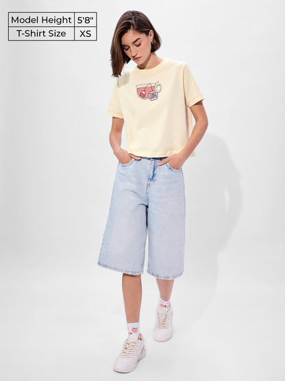 The Souled Store Priori - Tea Cotton Women & Girls Short Sleeve Round Neck Graphic Printed Relaxed Fit T-Shirts Yellow