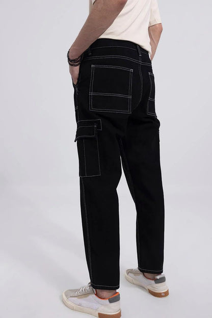 Kotty MenS Solid Mid Rise Straight Fit Stylish Looking Cargo Jeans(Black,28)