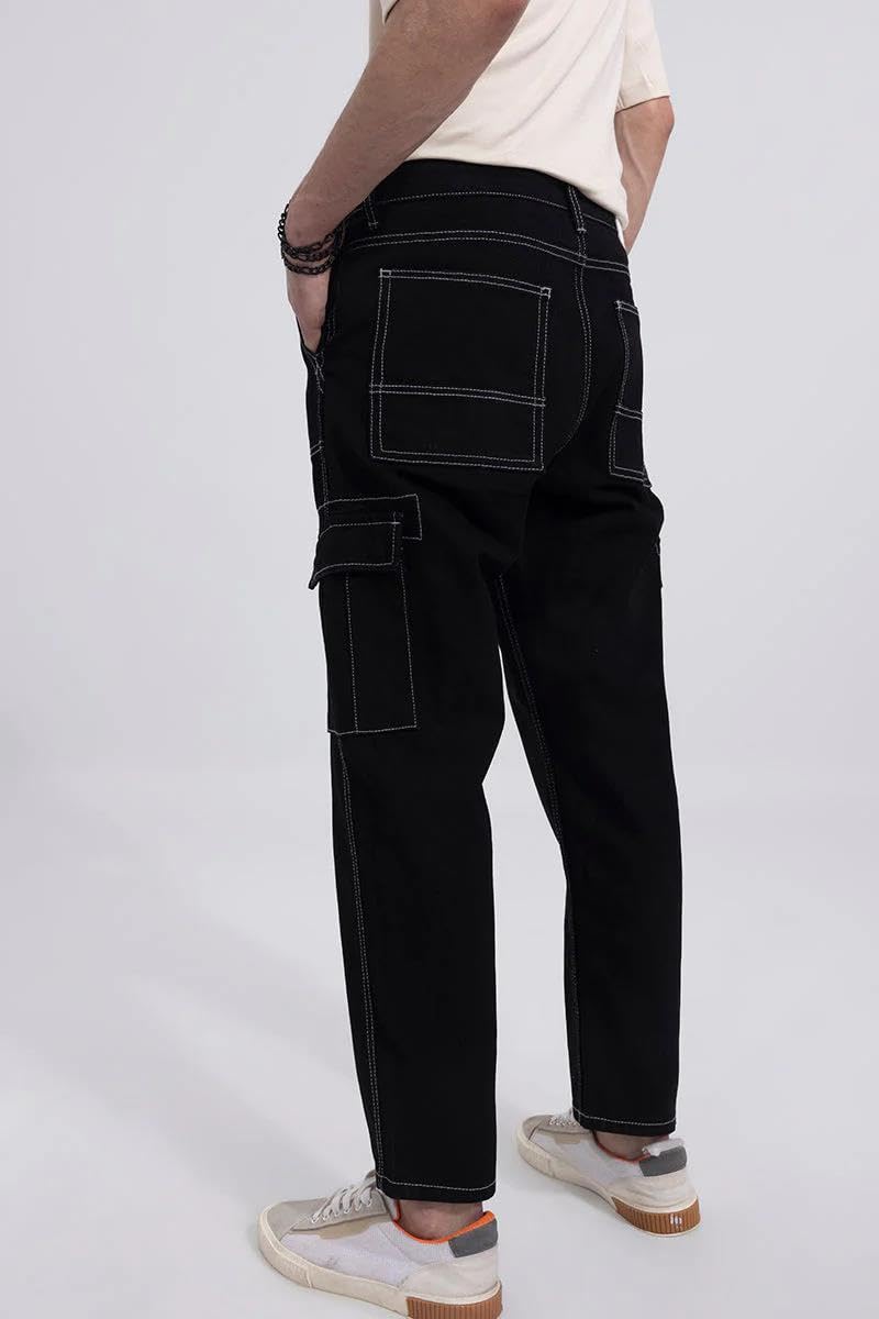 Kotty MenS Solid Mid Rise Straight Fit Stylish Looking Cargo Jeans(Black,30)