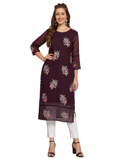 Ekasya WomenS Georgette Straight Cut Round Neck Kurta With Beautiful Floral Embroidery Work - Elegant Design, Comfortable Fit,