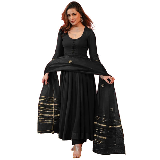 Gosriki WomenS Rayon Blend Anarkali Solid Kurta With Pant & Dupatta (Jayanti Black-Vks01-Gs_M_Black_Medium)