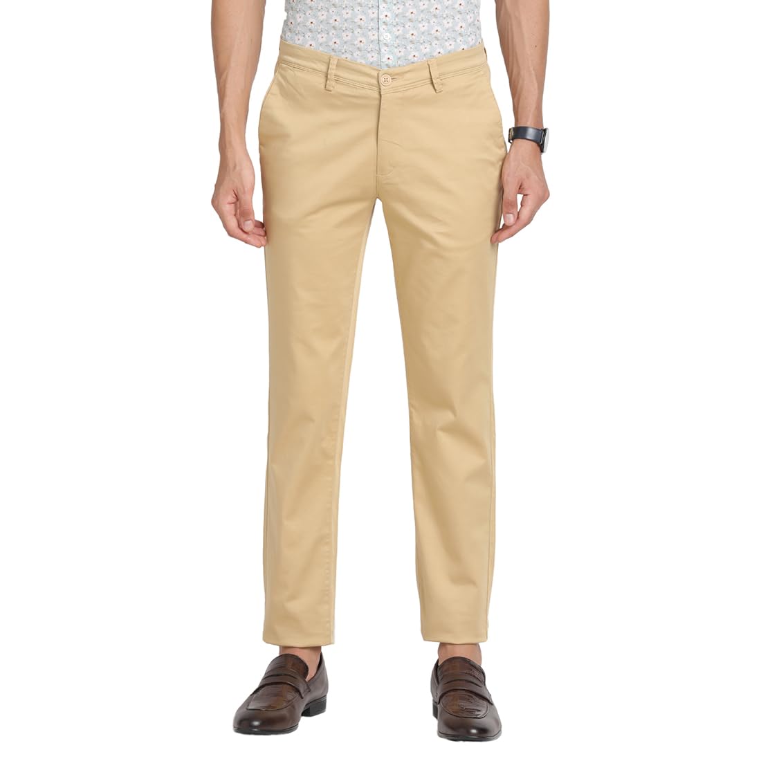 Turtle Men Cotton Stretch Ultra Slim Fit Beige Casual Trouser