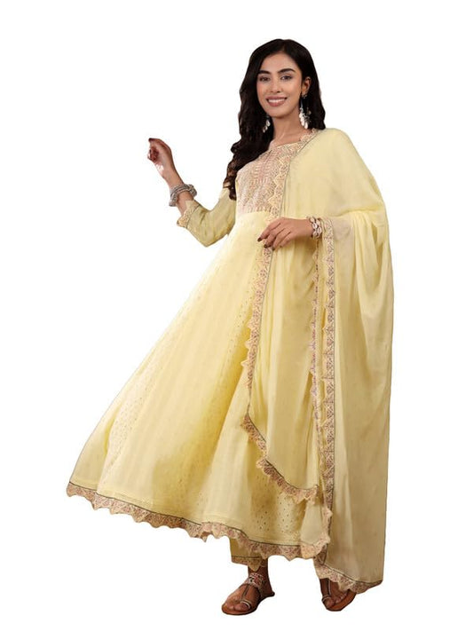 VARANGA Women Schiffli Thread Work Embroidered Anarkali Kurta with Solid Bottom & Dupatta ?Intricate Design, Comfortable Cotton Fabric, Stylish and Coordinated Look for Various Occasions