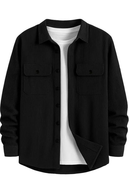 Deelmo MenS Full Sleeve Corduroy Shirt | Stylish Textured Casual Button-Down Shacket For Autumn Winter | Dual Pocket Front Desig