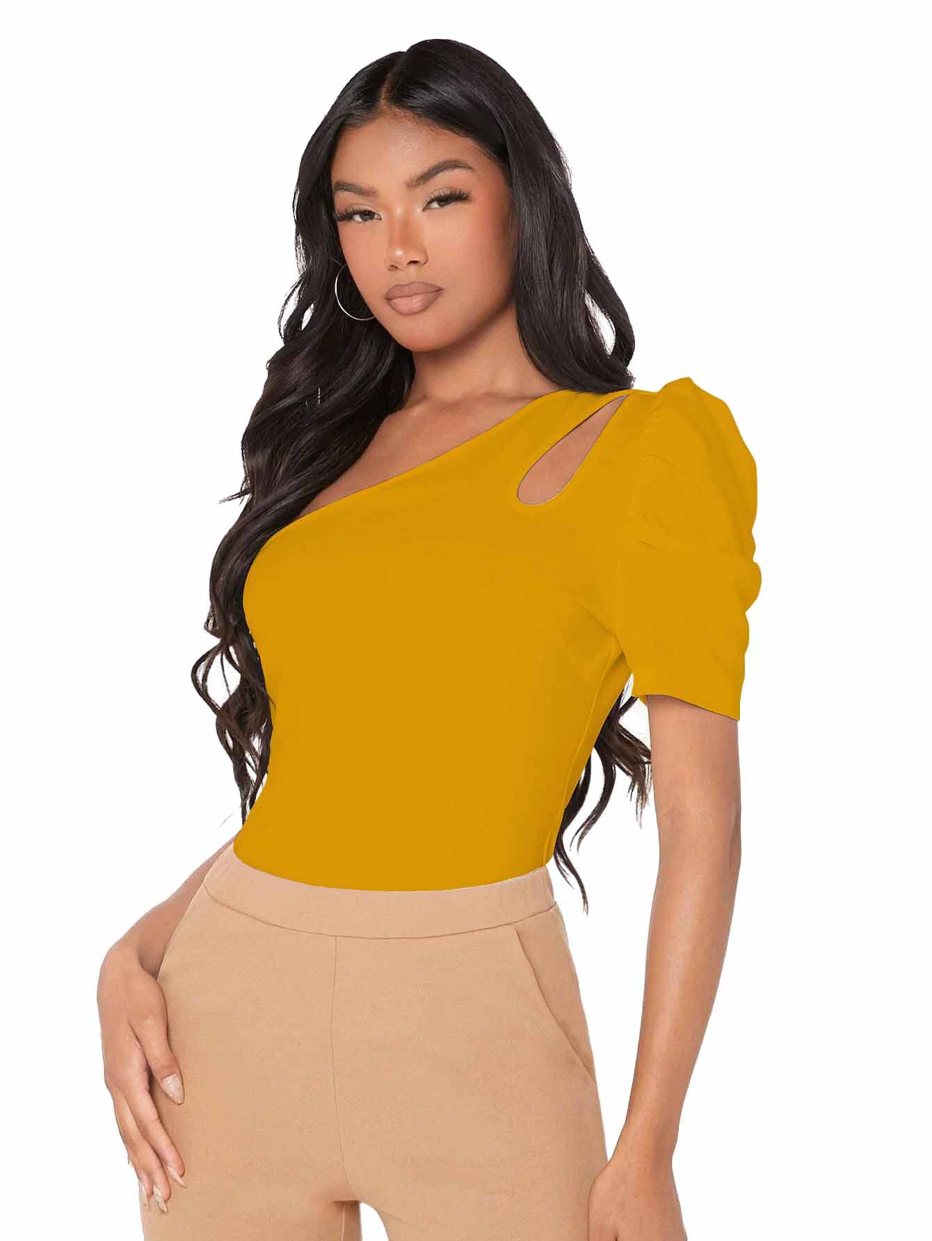 Shasmi Womens & Girls Mustard Short Puff Sleeve, One Shoulder Neck, Ruched Bust Solid Tops for Women/Tops, T-Shirts for Girls