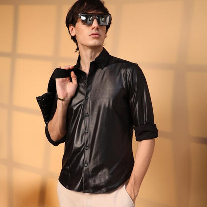 Campus Sutra Mens Obsidian Black Solid Suede Shirt for Casual Wear | Spread Collar | Long Sleeve | Button Closure | Shirt Craft