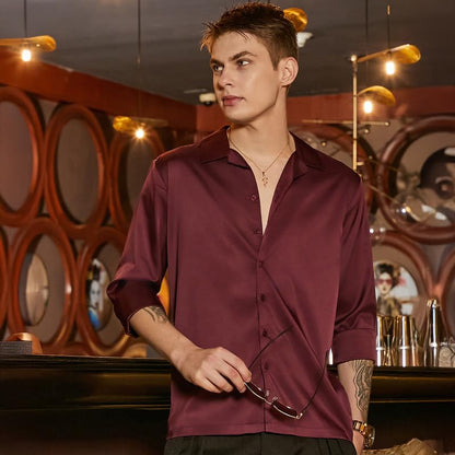 Campus Sutra Mens Burgundy Red Solid Cuban Shirt for Casual Wear | Cuban Collar | Long Cuffed Sleeves | Button Closure | Shirt