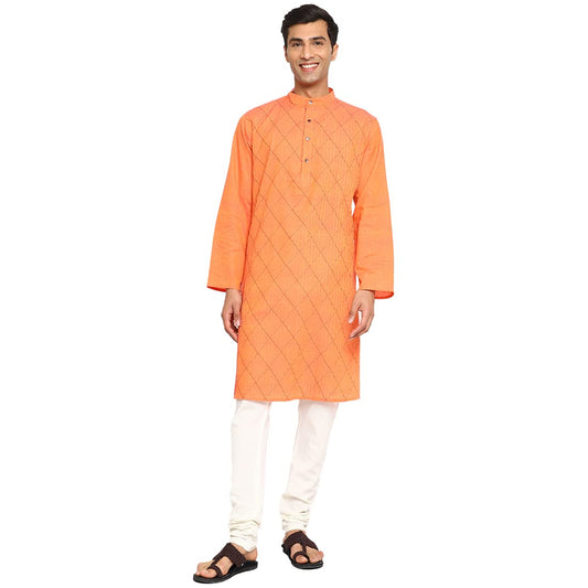 Fabindia MenS Cotton Pintucks Relaxed Kurta (102885402_Orange