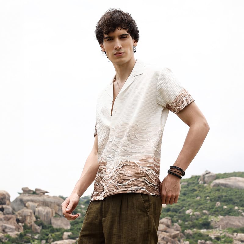 Campus Sutra Mens Ivory White & Tan Brown Desert Ombre Shirt | Casual Wear | Cuban Collar | Short Sleeve | Button Closure | Shi